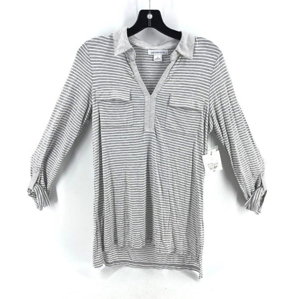 NWT Liz Claiborne Women's Top Shirt Small Gray White Striped V Neck Collar Tunic